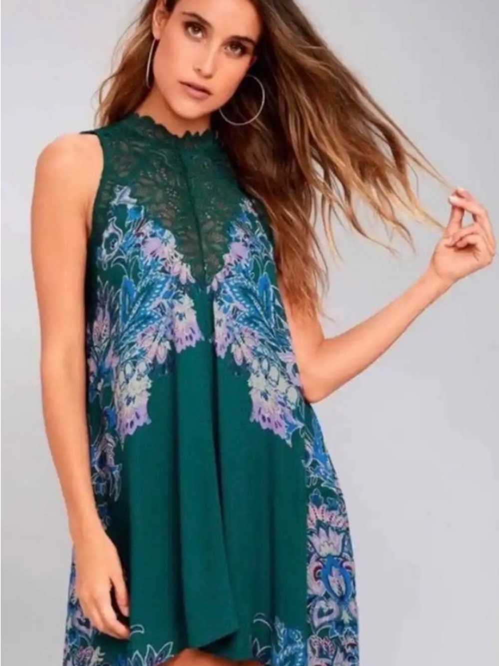Free People Emerald Green Lace Yoke Floral Swing Dress